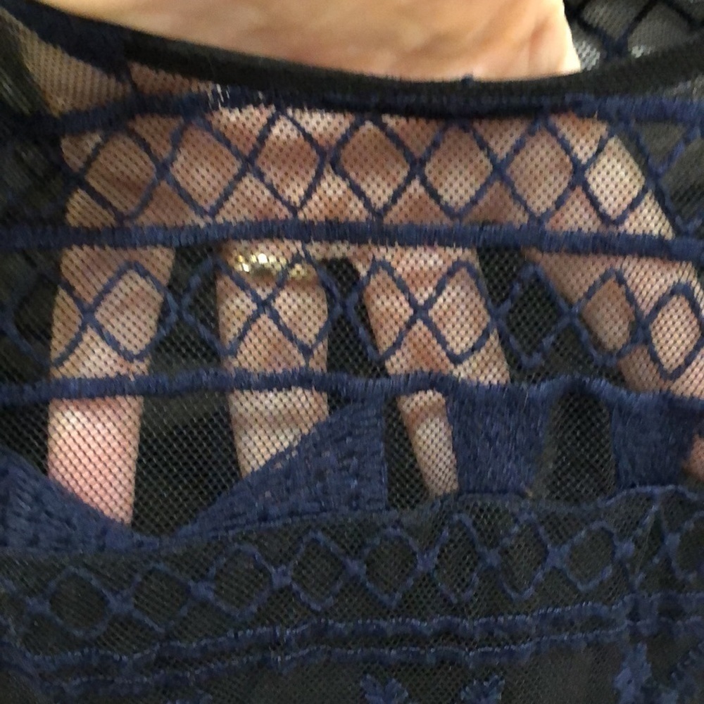 PARKER shift dress with sheer lace neckline and sleeves.  Dark blue and black. L - Picture 4 of 9